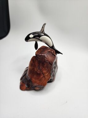 Orca Killer Whale on Polished Burlwood Base Sculpture By John Perry